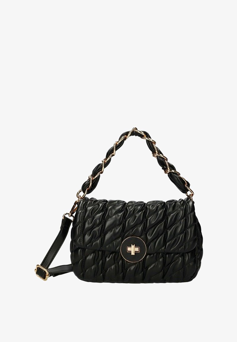 Borsa a tracolla in pelle nera trapuntata con chiusura a scatto dorata, manico in pelle intrecciata e catena dorata, e tracolla regolabile.