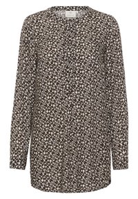 Brun blomsterbluse med lange ærmer, rund halsudskæring, knaplukning og et let stof med små hvide og beige blomstermønstre.