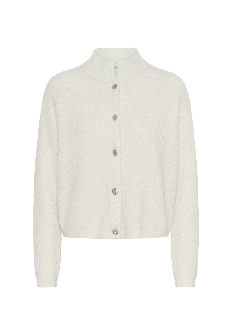 Cardigan blanc en tricot avec une finition texturée, doté d'un col montant, de manches longues et de cinq boutons argentés sur le devant.