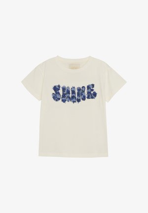 Weißes Baumwoll-T-Shirt mit blauem floralen "SHINE"-Grafikdruck. Kurze Ärmel, runder Halsausschnitt und normale Passform. Glatte Textur.