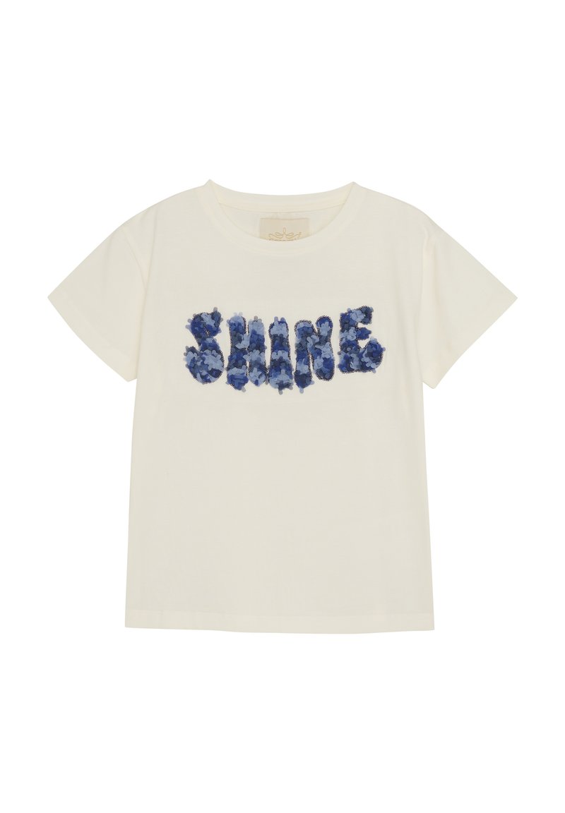 Hvid bomulds T-shirt med blåt blomstermotivet "SHINE" trykt på. Korte ærmer, rund halsudskæring og normal pasform. Glat tekstur.