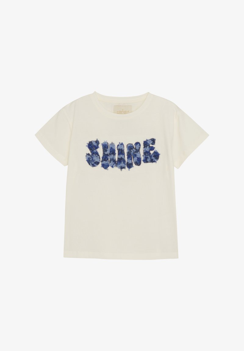 Hvid bomulds T-shirt med blåt blomstermotivet "SHINE" trykt på. Korte ærmer, rund halsudskæring og normal pasform. Glat tekstur.