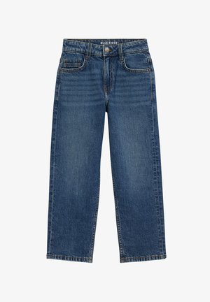 Jeans blu a gamba dritta con design a cinque tasche e chiusura con bottoni, con etichetta Blue Ridge in vita.