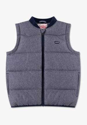 Ærmeløs grå polstret vest med lynlås foran, lille Levi's-logo på brystet og en mørk kravekant.
