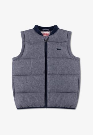 Szara bezrękawna pikowana kamizelka z przednim zamkiem błyskawicznym, małe logo Levi's na piersi i ciemną lamówką kołnierza.