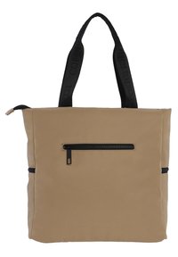 Bolsa de tela beige con un bolsillo frontal con cremallera, asas texturizadas negras y forma cuadrada. Textura suave con costuras reforzadas.