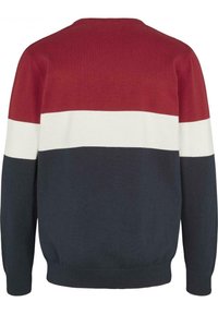 Pull-over en maille rayé rouge, blanc et bleu marine avec un col rond, des manches longues et des poignets et ourlet côtelés. Texture lisse et poids moyen.