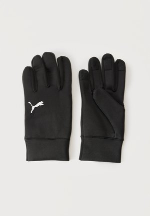 Para czarnych rękawiczek z końcówkami do ekranów dotykowych i białym logo Puma na wierzchu lewej rękawiczki, ułożonych płasko na białej powierzchni.