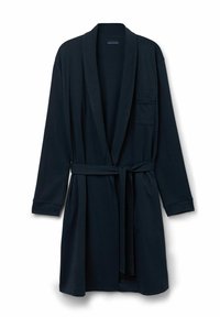 Námořnický modrý bavlněný župan s dlouhými rukávy, šálovým límcem, páskem v pase a jednou našitou kapsou na levé straně. Hladká textura, ke kolenům.