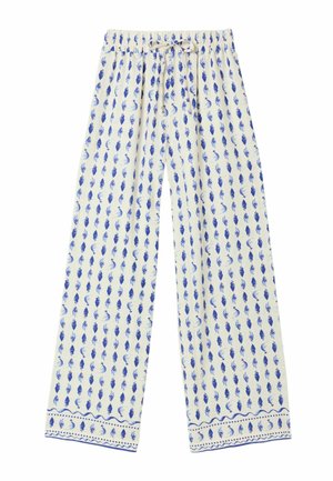 Fehér, bő szabású nadrág kék kagylómintával, elasztikus derékpánttal és húzózsinórral, mintás szegélyekkel a szegélyek mentén.