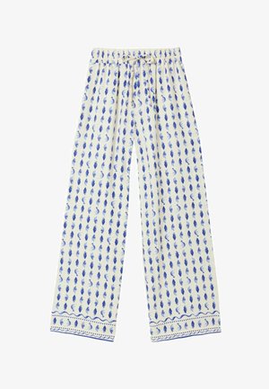 Fehér, bő szabású nadrág kék kagylómintával, elasztikus derékpánttal és húzózsinórral, mintás szegélyekkel a szegélyek mentén.