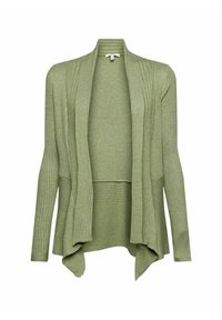 Cardigan vert clair côtelé à ouverture frontale, manches longues et ourlet asymétrique drapé.