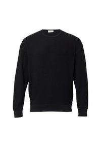 Czarny długi rękaw crewneck z ribbowanymi mankietami i dołem, wyeksponowany na jednolitym białym tle.
