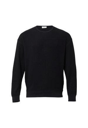 Mustamütsi pikkade varrukatega crewneck, millel on soonikkoes mansetid ja alus, esitatud lihtsa valge tausta ees.
