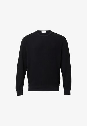 Mustamütsi pikkade varrukatega crewneck, millel on soonikkoes mansetid ja alus, esitatud lihtsa valge tausta ees.