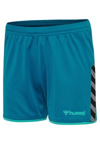 Tyrkysové sportovní šortky s elastickým pasem, černobílé chevronové pruhy po stranách a logo "hummel" blízko lemu na levé noze.