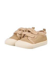 Beige Leinwand-Sneaker mit weichen, runden Schnürsenkeln, Gummisohlen und strukturierten Stoffdetails. Verfügt über ein niedrig geschnittenes Design und eine Zuglasche hinten.