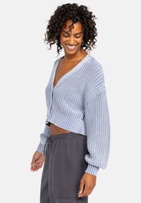 Lichtblauwe cropped cardigan met een textuurgebreid patroon, voorzien van een diepe V-hals, brede mouwen en gestreepte ribaccenten aan de zoom.