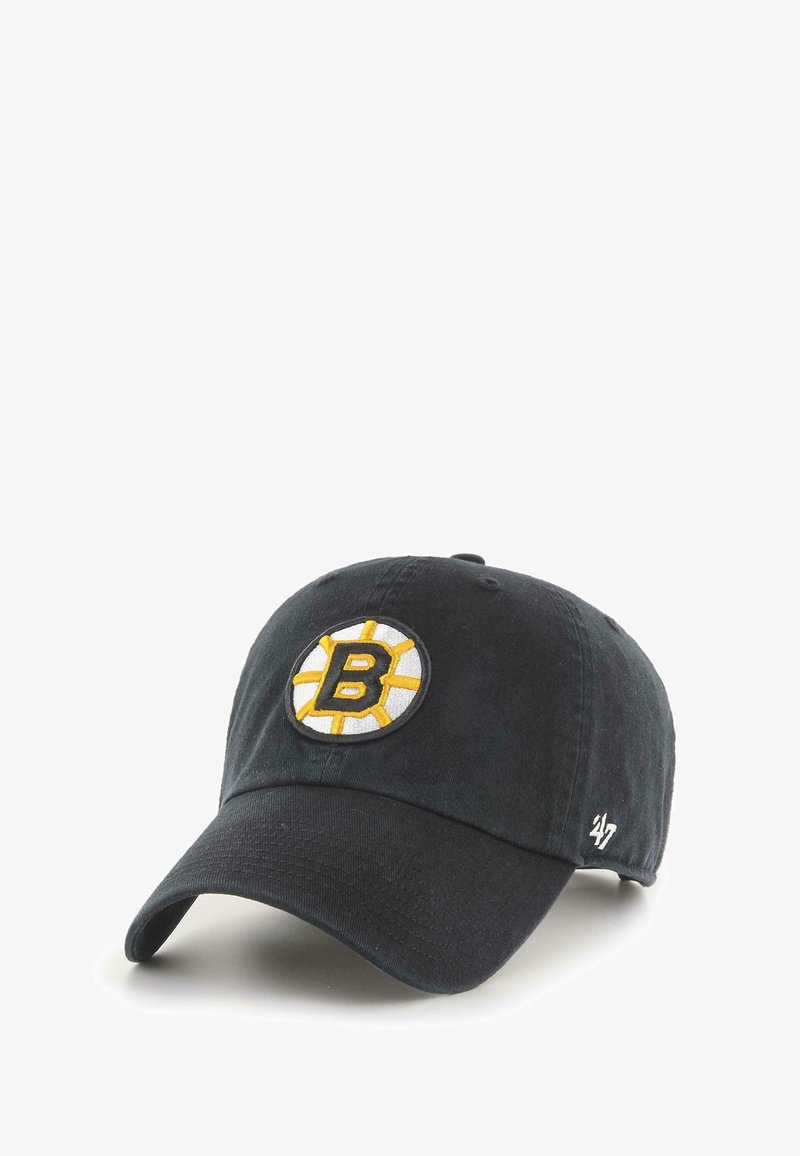 Black cotton baseball cap featuring a circular embroidered logo in white and yellow with a "B" in the center. Adjustable strap at the back.