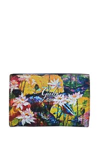 Portafoglio multicolore con un design floreale che presenta ninfee su uno sfondo vivace. Il materiale sembra sintetico con una texture liscia.