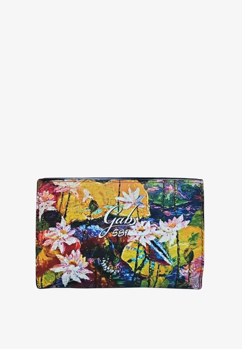 Portafoglio multicolore con un design floreale che presenta ninfee su uno sfondo vivace. Il materiale sembra sintetico con una texture liscia.