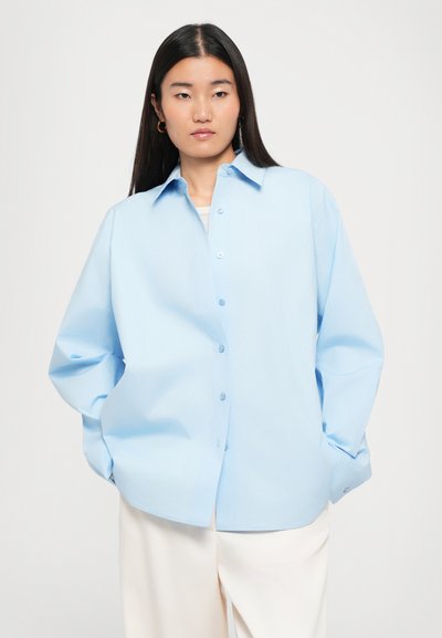 Camicia azzurro chiaro con colletto a punta, vestibilità rilassata e maniche lunghe. Realizzata in tessuto liscio con un design minimale.