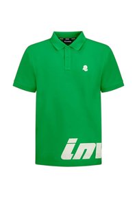 Polo verde realizzata in un misto di cotone, con colletto, due bottoni e un logo bianco con testo sul lato anteriore inferiore.