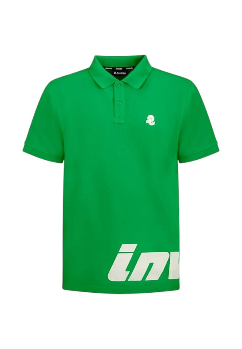 Polo verde realizzata in un misto di cotone, con colletto, due bottoni e un logo bianco con testo sul lato anteriore inferiore.