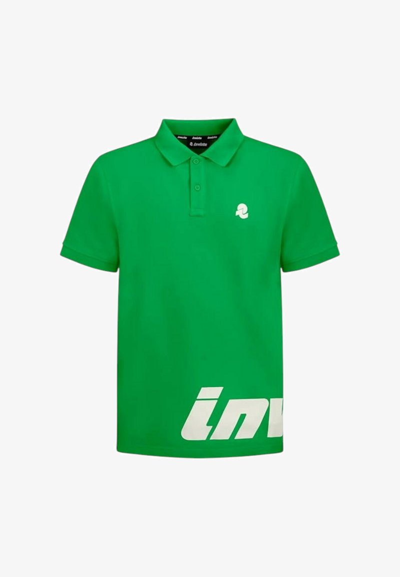 Polo verde realizzata in un misto di cotone, con colletto, due bottoni e un logo bianco con testo sul lato anteriore inferiore.