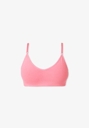 Roze katoenen bralette met verstelbare bandjes, eenvoudige driehoekige vorm en naadloos ontwerp. Zachte textuur met een comfortabel gevoel.