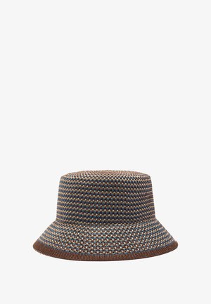 Brązowy i niebieski kapelusz typu bucket z szerokim rondem, dzianinową teksturą i cylindrycznym kształtem. Zaprojektowany z myślą o ochronie przed słońcem i stylu.