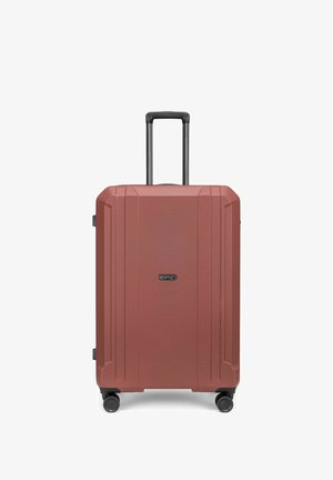 Valise rigide couleur rouille avec poignée télescopique et quatre roues pivotantes, marquée "EPIC" au centre avant.