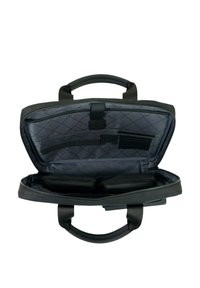 Schwarze Laptoptasche mit Reißverschluss, gepolstertem Innenraum und zwei Fächern, mit gesteppter Textur und stabilen Griffen.