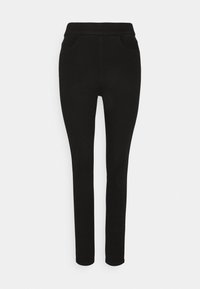 Svarta stretchjeansleggings med hög midja, två sidfickor och slim fit. Slät textur med minimal sömnadsdetalj.