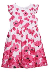 Blumenkleid mit weißem Hintergrund und großen rosa Mohnblumen, mit schwingenden Ärmeln und gerafftem Bund. Hergestellt aus leichtem Stoff.