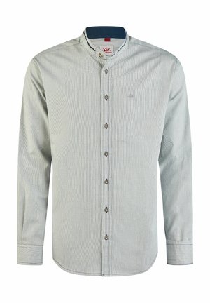 Chemise gris clair à manches longues avec col mandarin, fermeture à boutons sur le devant et motif texturé subtil, présentée sur un fond blanc.