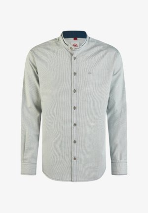 Chemise gris clair à manches longues avec col mandarin, fermeture à boutons sur le devant et motif texturé subtil, présentée sur un fond blanc.