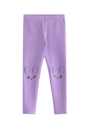 Violetit lasten leggingsit, joissa söpöt pupun kasvot ja pienet kangaskorvat polvissa, joustava vyötärö, yksinkertainen malli.