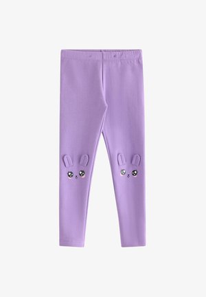 Lilla børneleggings med søde kaninansigter og små stofører på knæene, elastisk talje, simpelt design.