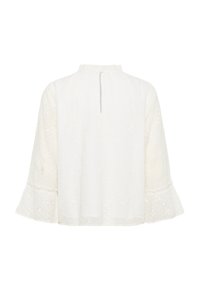 Blouse en coton blanc avec un motif de broderie florale, manches évasées et encolure froncée. Dotée d'une fermeture en trou de serrure au dos.
