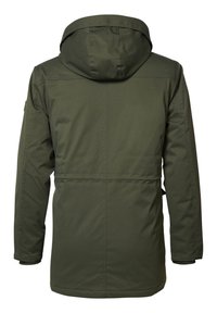Chaqueta verde oliva con capucha, fabricada en un material suave y resistente al agua. Presenta costuras visibles y ajustes laterales para un mejor ajuste.