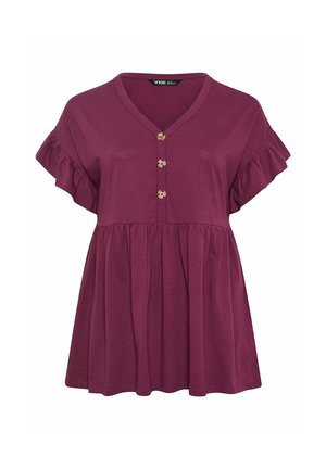 Blusa viola a maniche corte con maniche arricciate, scollo a V e tre bottoni in legno al centro davanti, vestibilità ampia con vita arricciata.