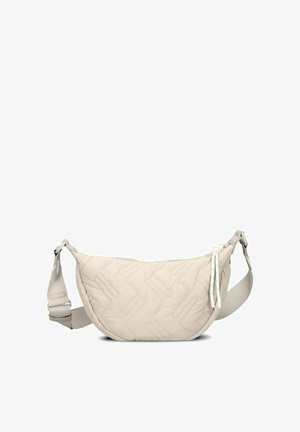 Beige gesteppte Umhängetasche mit verstellbarem Riemen und Reißverschluss, versehen mit einem dezenten geometrischen Steppmuster.