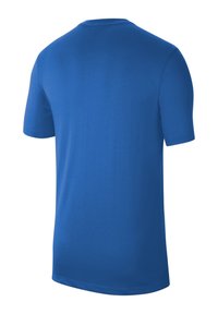 Jednoduché královsky modré tričko s krátkým rukávem zobrazené zezadu s kulatým výstřihem a bez viditelných log nebo designů.
