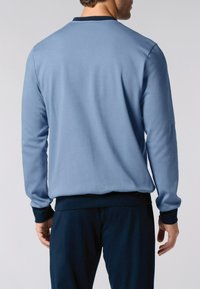 Felpa a manica lunga blu chiaro con collo rotondo, polsini e orlo blu scuro. Tessuto liscio, stile aderente, vista dal retro.