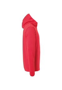 Felpa con cappuccio rossa a maniche lunghe, realizzata in tessuto morbido, con un design semplice e senza motivi o accenti visibili.