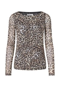 Top à manches longues en imprimé léopard, avec un col rond, des manches en tissu transparent et un motif léopard uni sur le corps.