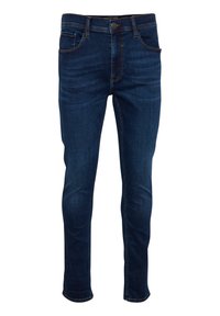 Slim-fit jeans i mörkblått med en lätt glans; har fem fickor, en framknappsstängning och kontrasterande sömmar.