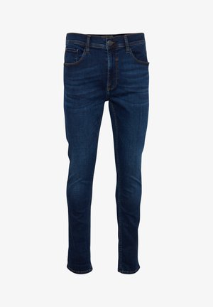Slanke denimjeans i mørkeblå med en let glans; har fem lommer, en front knaplukning og kontrastsyninger.