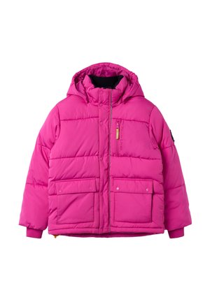 Leuchtend pinke, gefütterte Winterjacke mit Kapuze, zwei vorderen Taschen mit Knöpfen, gerippten Bündchen und einer Brusttasche mit Reißverschluss.